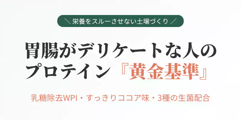 胃腸が弱い痩せ型でも食後にサラッと飲めるプロテインの条件としてWPI製法や乳酸菌配合など黄金基準を解説するセクションバナー
