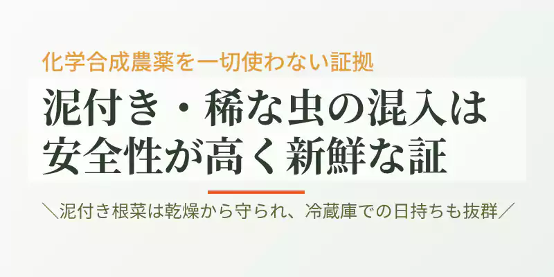 化学合成農薬不使用ゆえの泥付きや小さな虫の混入が、安全性と鮮度の証であることを示すバナー。