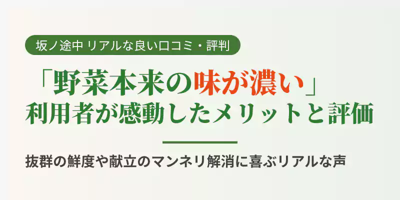 野菜の味が濃い、鮮度が抜群など、坂ノ途中を利用しているユーザーの良い口コミ・評判を整理したバナー